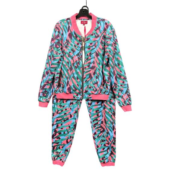 Sassy Jones Track Suit Womens Medium Pink Teal Tropical Jacket Joggers Set NEW - Picture 1 of 16